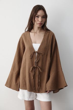 کیمونو و کافتان قهوه ای زنانه کتان JASTE - کد 939743068