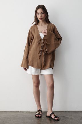 کیمونو و کافتان قهوه ای زنانه کتان JASTE - کد 939743068