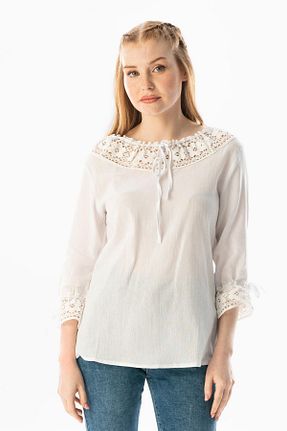 بلوز سفید زنانه ساده Eliş Şile Bezi - کد 93077385