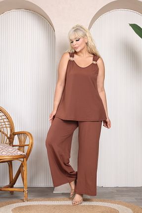 ست بالاتنه و پائین تنه سایز بزرگ قهوه ای زنانه فاق نرمال MJORA - کد 946173300