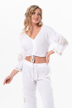بلوز سفید زنانه ساده Eliş Şile Bezi - کد 807710569