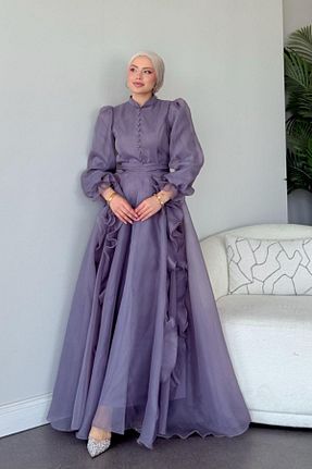 لباس مجلسی حجاب بنفش زنانه یقه ایستاده Şulemoda Giyim - کد 921414070