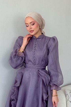 لباس مجلسی حجاب بنفش زنانه یقه ایستاده Şulemoda Giyim - کد 921414070
