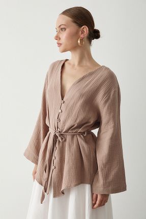 کیمونو و کافتان قهوه ای زنانه %100 پنبه Laluvia - کد 946678474