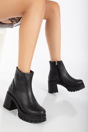 بوت / نیم بوت مشکی زنانه چرم مصنوعی SUİNS SHOES - کد 860715228