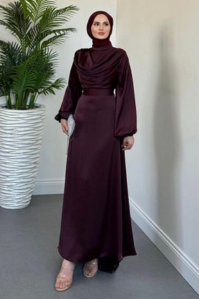 لباس مجلسی حجاب بنفش زنانه یقه دگاژه MERVEN AKYÜZ - کد 948713573