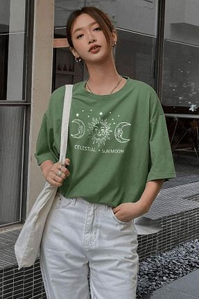 تیشرت سبز زنانه اورسایز celestial sun moon - کد 949012382