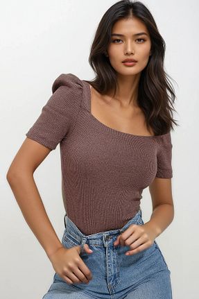 بلوز قهوه ای زنانه ساده Trend Alaçatı Stili - کد 803310988