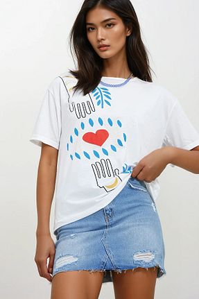 تیشرت سفید زنانه اورسایز Trend Alaçatı Stili - کد 817840011