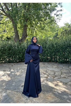 لباس مجلسی حجاب سرمه ای زنانه یقه شالی ZÜBİŞ BUTİK - کد 948351430