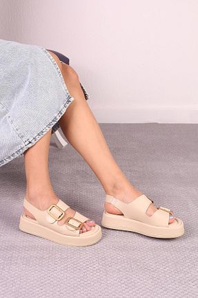 صندل بژ زنانه پاشنه تخت SUİNS SHOES - کد 844305782