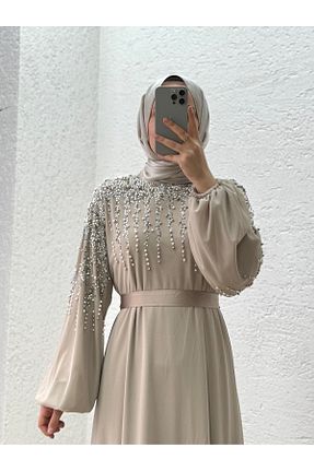 لباس مجلسی حجاب بژ زنانه یقه ایستاده MİHRA STORE - کد 941053067