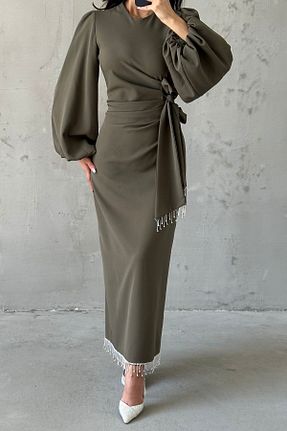 لباس مجلسی حجاب خاکی زنانه یقه دوچرخه LEYUZE BUTİK - کد 948012406