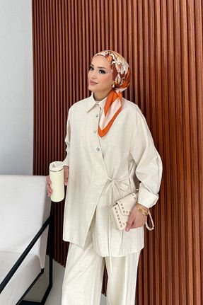 ست بالاتنه و پائین تنه حجاب طوسی زنانه کتان Melike Tatar - کد 948989401