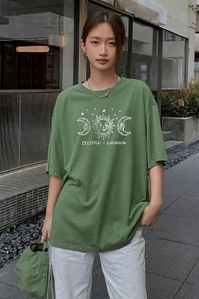 تیشرت سبز زنانه اورسایز celestial sun moon - کد 949012382