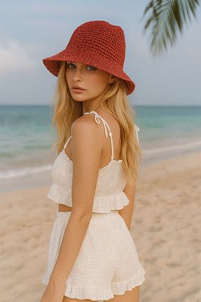 کلاه قرمز زنانه حصیر Axesoire - کد 819392368