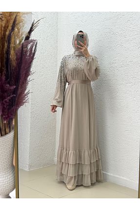 لباس مجلسی حجاب بژ زنانه یقه ایستاده MİHRA STORE - کد 941053067