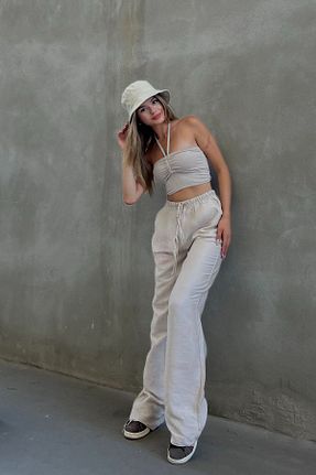 شلوار بژ زنانه مخلوط کتان la & vetta - کد 833302521