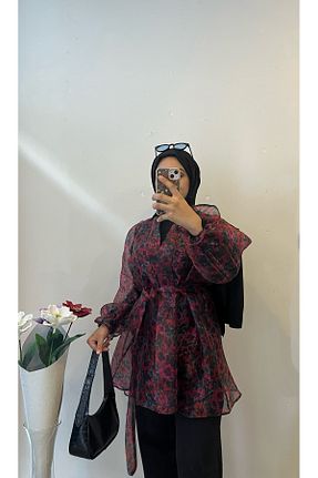 کافتان و کیمونو حجاب زرشکی زنانه پنبه پلی استر DİLEKBUTİK - کد 947263862