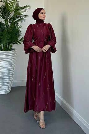 لباس مجلسی حجاب زرشکی زنانه یقه ایستاده MERVEN AKYÜZ - کد 948713955