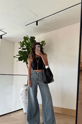 شلوار جین طوسی زنانه فاق بلند Özge Özgenç - کد 948409833