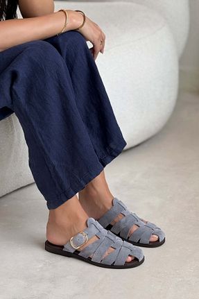 دمپائی طوسی زنانه چرم خالص NİŞANTAŞI SHOES - کد 949758415