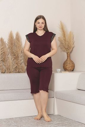 ست لباس راحتی سایز بزرگ زرشکی زنانه طرح دار Temporium - کد 951675968
