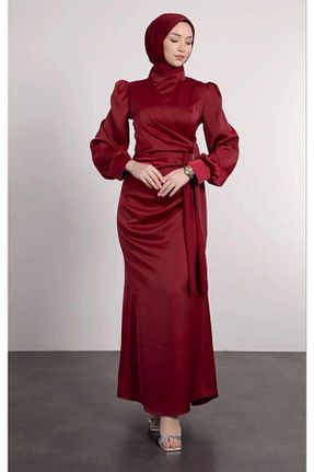 لباس مجلسی حجاب زرشکی زنانه یقه ایستاده Suedcollection - کد 818680634