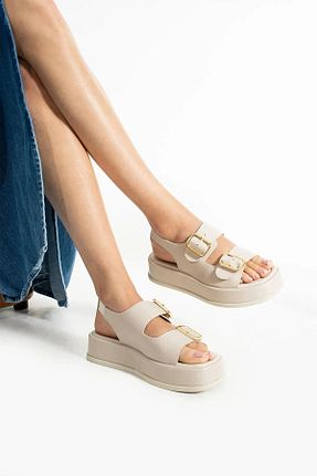 صندل بژ زنانه پاشنه تخت moun shoes - کد 939640703