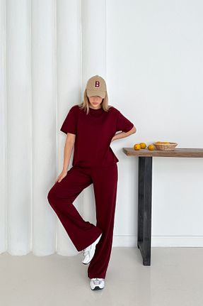 ست بالاتنه و پائین تنه زرشکی زنانه بافتنی MİROR - کد 950927321