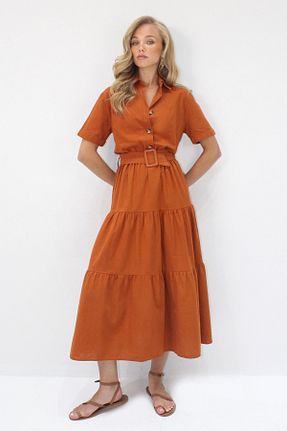 لباس نارنجی زنانه A-line Trend Alaçatı Stili - کد 950631815