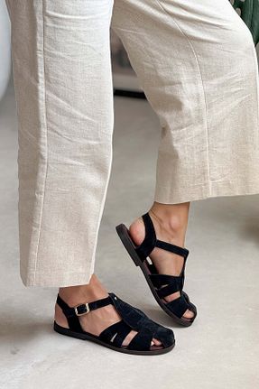 صندل مشکی زنانه پاشنه تخت NİŞANTAŞI SHOES - کد 949749739
