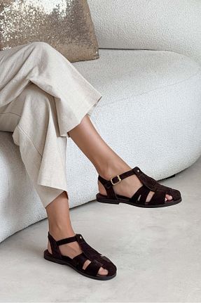 صندل قهوه ای زنانه پاشنه تخت NİŞANTAŞI SHOES - کد 949749714