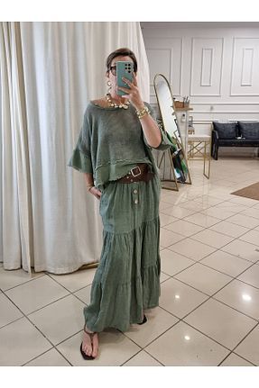 دامن خاکی زنانه کتان pudubutik - کد 923763410