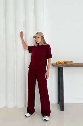 ست بالاتنه و پائین تنه زرشکی زنانه بافتنی MİROR - کد 950927321