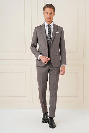 کت و شلوار قهوه ای مردانه یقه کتی Efor - کد 871475792