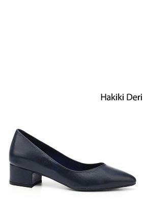 کفش پاشنه بلند کلاسیک سرمه ای زنانه چرم خالص GÖNDERİ(R) - کد 112625709