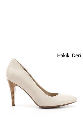 کفش پاشنه بلند کلاسیک بژ زنانه چرم خالص GÖNDERİ(R) - کد 204928982