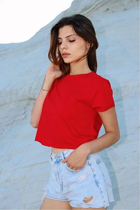تیشرت قرمز زنانه کراپ MLSS FASHİON - کد 953476769