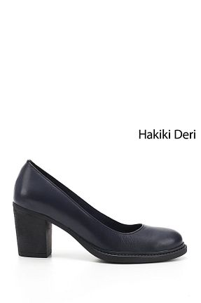 کفش پاشنه بلند کلاسیک سرمه ای زنانه چرم خالص GÖNDERİ(R) - کد 904131656