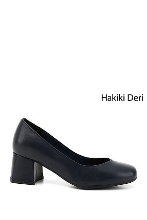 کفش پاشنه بلند کلاسیک سرمه ای زنانه چرم خالص GÖNDERİ(R) - کد 805836948