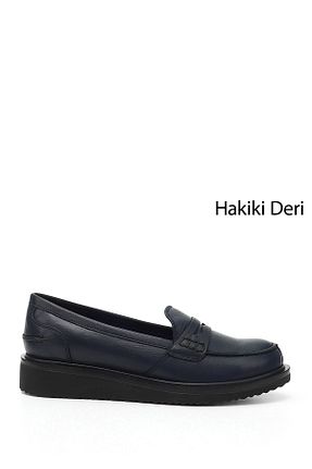 کفش لوفر سرمه ای زنانه چرم خالص GÖNDERİ(R) - کد 89845586
