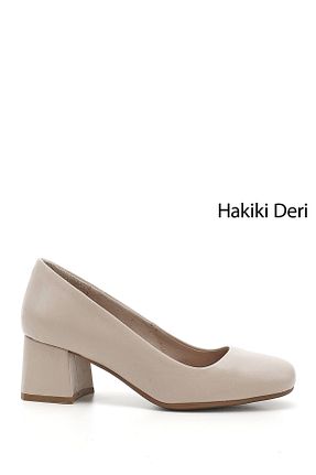 کفش پاشنه بلند کلاسیک بژ زنانه چرم خالص GÖNDERİ(R) - کد 796643259
