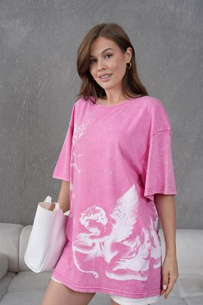 تیشرت صورتی زنانه اورسایز Clara - کد 952382546