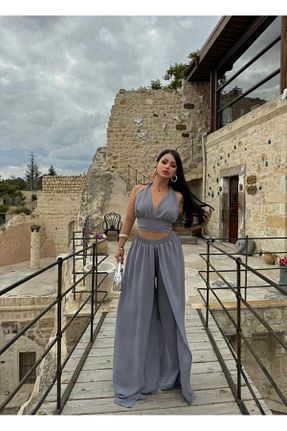 ست بالاتنه و پائین تنه طوسی زنانه بافتنی Caddebostan Moda - کد 953606554