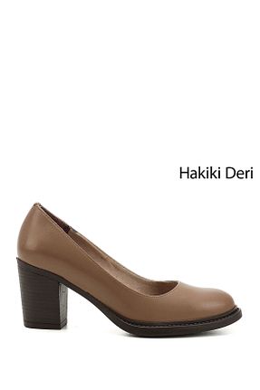 کفش پاشنه بلند کلاسیک قهوه ای زنانه چرم خالص GÖNDERİ(R) - کد 904956371