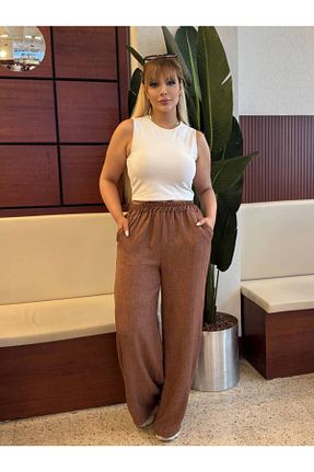 شلوار سایز بزرگ قهوه ای زنانه کتان MODA - کد 953474972
