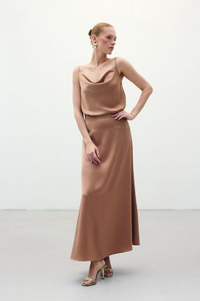 دامن قهوه ای زنانه پارچه Sateen - کد 844820814
