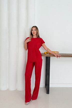 ست بالاتنه و پائین تنه قرمز زنانه بافتنی MODAMİNEM - کد 950585476