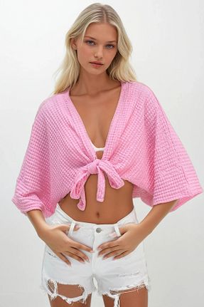 بلوز صورتی زنانه کراپ Trend Alaçatı Stili - کد 954937763